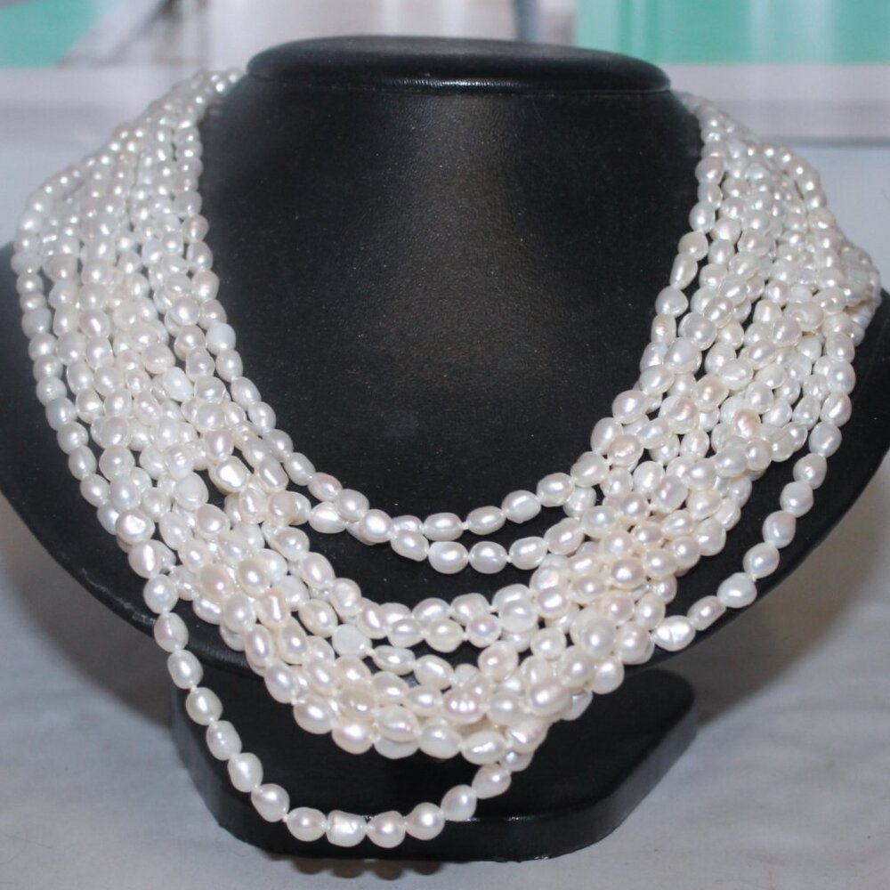18K Yellow Real Gold Toggle Graduating Multi 10 Strand Pearl Strand Necklace